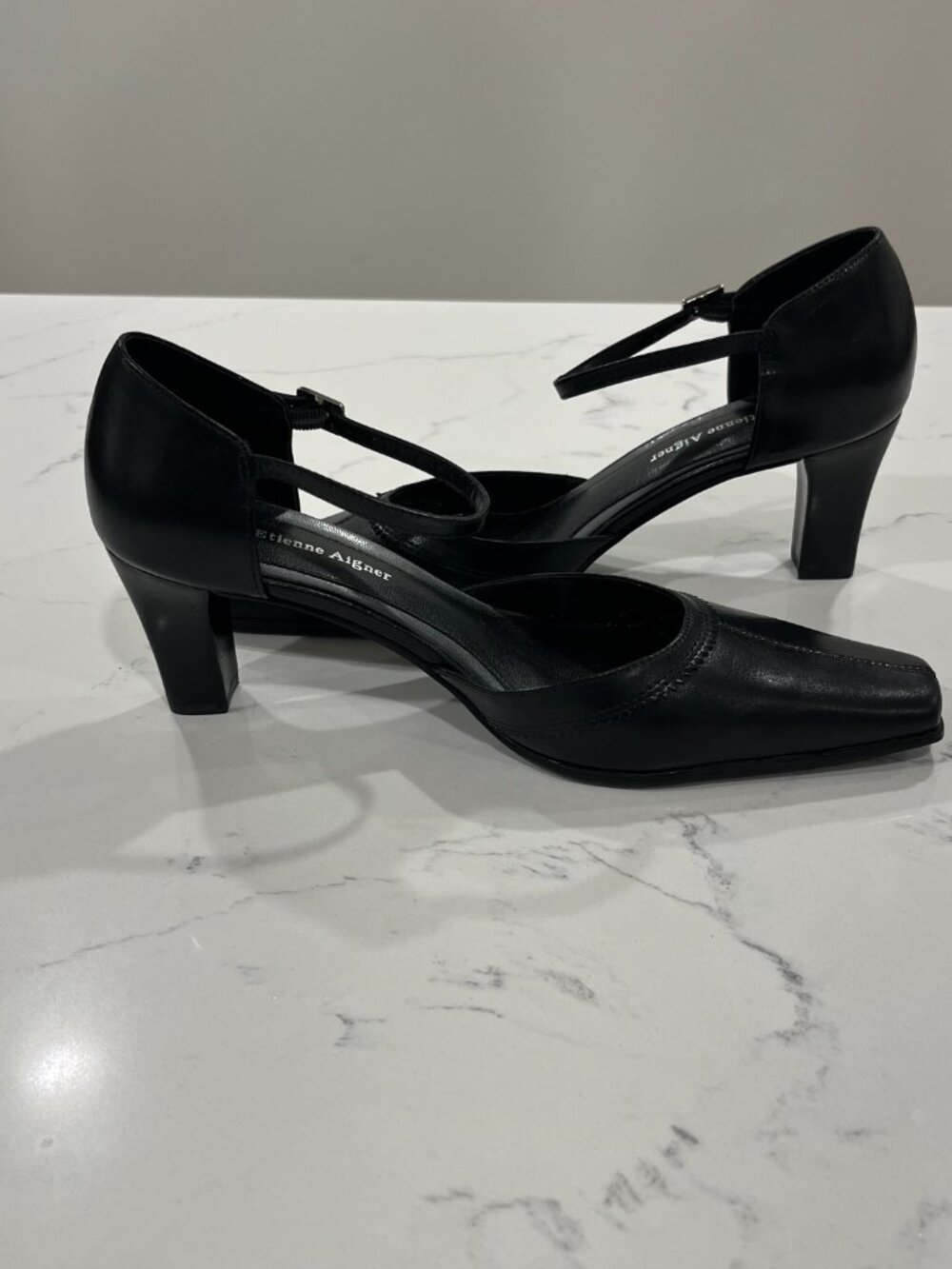Etienne Aigner Women's Black Leather D'orsay High Heels Ankle Strap Size 7.5 - Picture 2 of 7